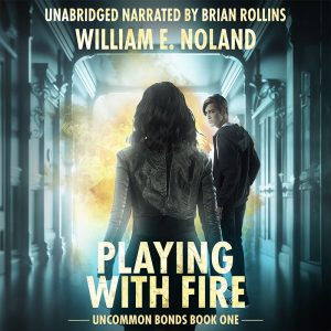 Cover art for Playing with Fire showing a young woman and a young man walking towards a fiery explosion.